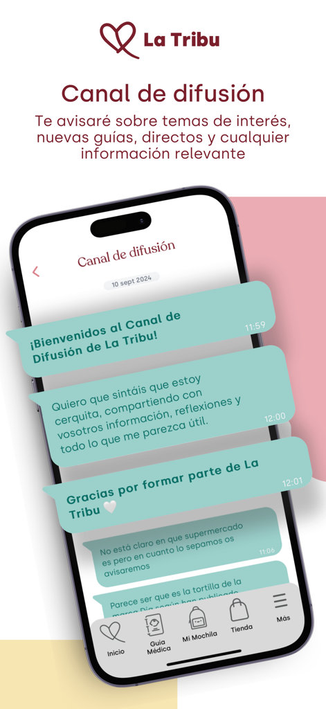 La Tribu app interface featuring the broadcast channel for expert parenting guidance