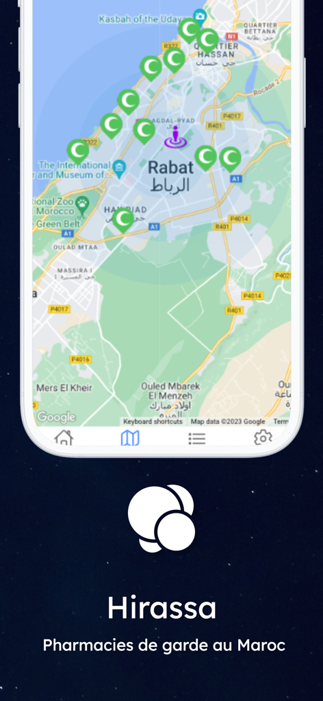 Hirassa - Pharmacies de garde - Map interface of Hirassa app displaying on-duty pharmacies in Rabat Morocco