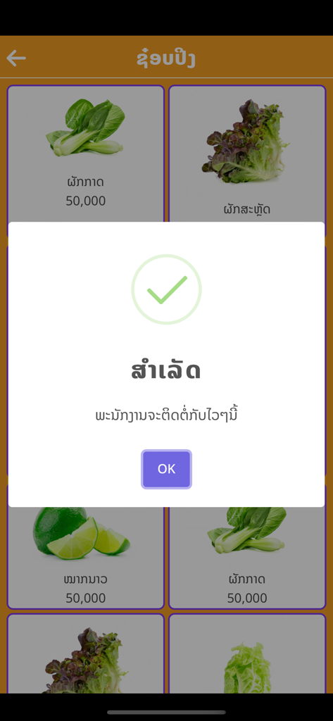 Heng Heng - Success confirmation pop up with a green checkmark over a grid of grocery items in the Heng Heng app