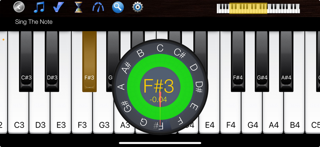 Voice Training Pro - Voice Training Pro app showing Sing The Note game with real time pitch detection on a piano keyboard
