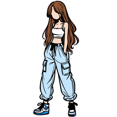 girl in baggy pants crop top and long hair