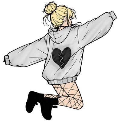 realistic girl jumping with a bun and oversized sweatshirt