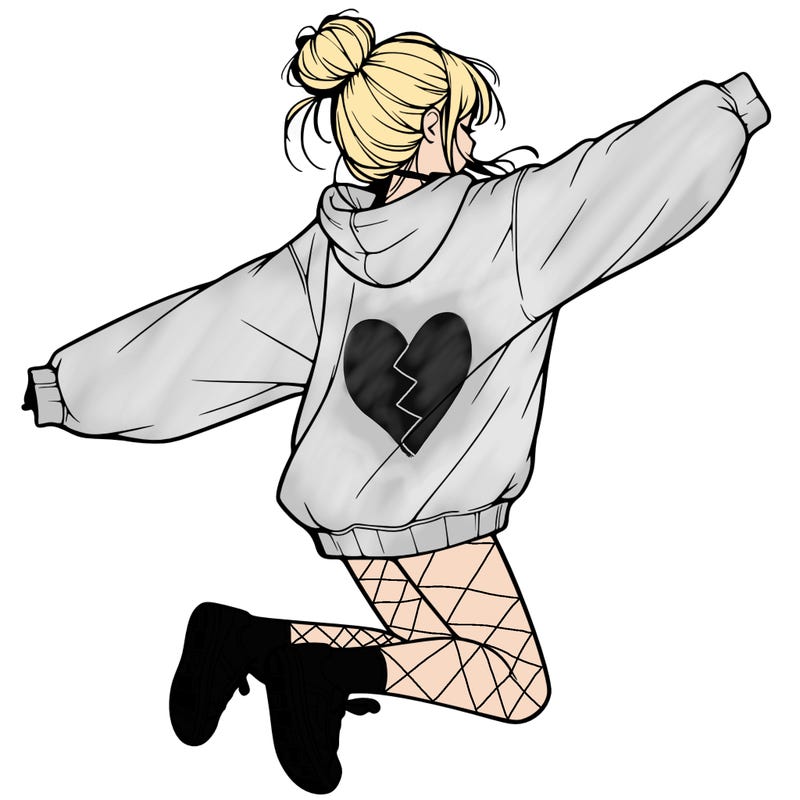 realistic girl jumping with a bun and oversized sweatshirt