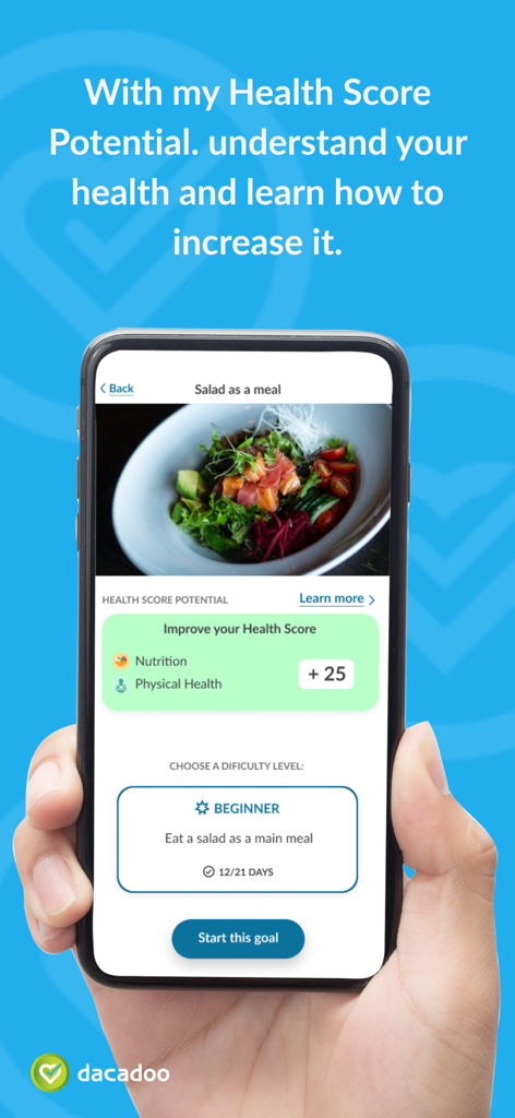 dacadoo - A smartphone screen displaying a nutrition goal on the dacadoo app to improve health score potential.