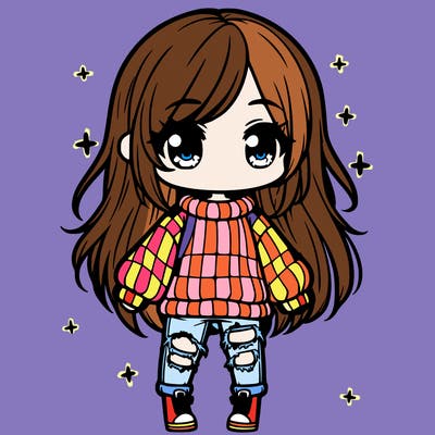 chibi girl with ripped jeans,long hair, and an oversized sweater