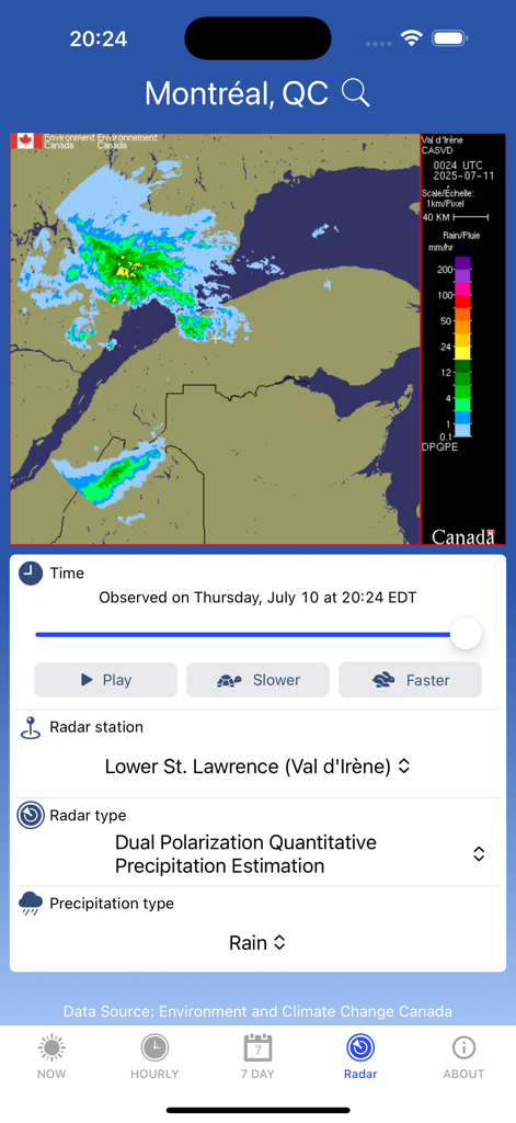 AltWeatherCAN - レトロなデザインコントロールを備えたモントリオールのAltWeatherCAN天気レーダーマップ
