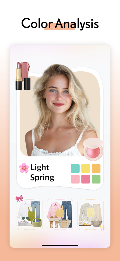 LOOX App Farb-Analyse für die Jahreszeit 'Heller Frühling', die Vorschläge für Kleidung und Make-up zeigt