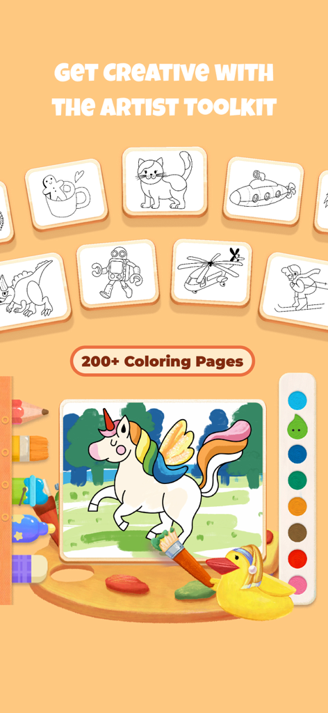 bekids Princess Coloring Book - Digital coloring book interface showing a unicorn with a rainbow mane and various artist tools for kids