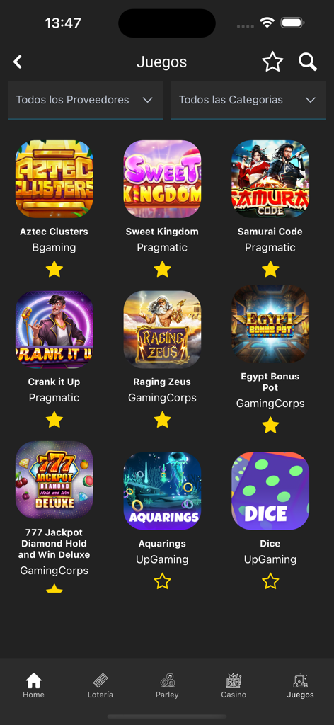 Catálogo de juegos de tragamonedas en línea en la aplicación móvil Raspa y Gana.