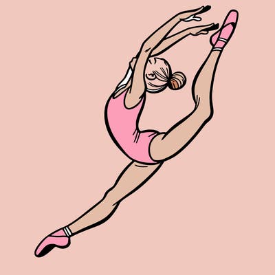 gymnast doing a leap in a leotard with a bent back leg
