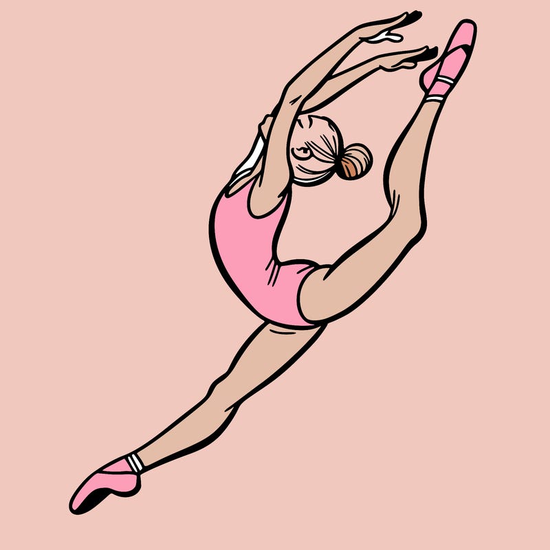 gymnast doing a leap in a leotard with a bent back leg