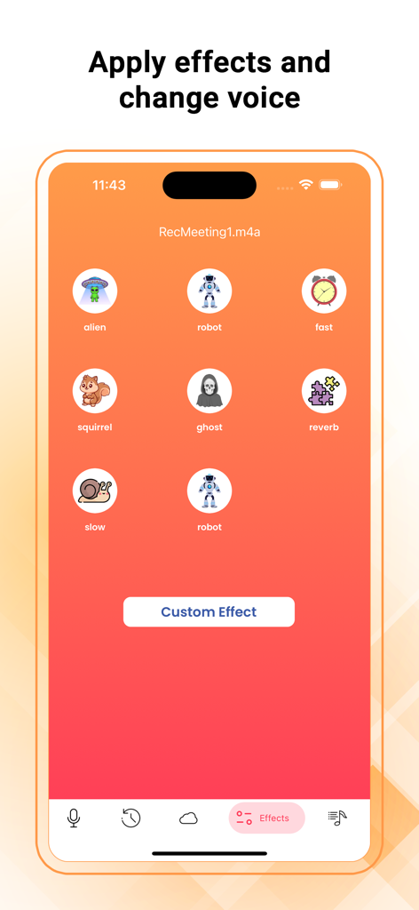 Voice Recorder - Audio Memos - ボイスレコーダーアプリのインターフェース。ロボット、エイリアン、リスなどのさまざまなボイスエフェクトが表示されます。