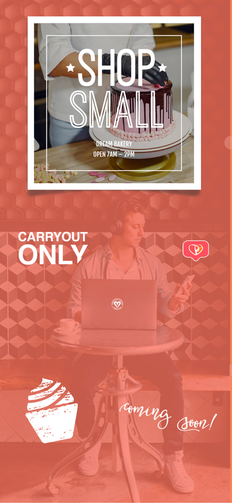 Photofy Content Creation - Small business marketing templates on Photofy featuring a bakery shop small design and carryout only notification