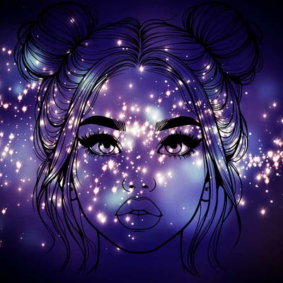 realistic girl with two buns on her hair and lips