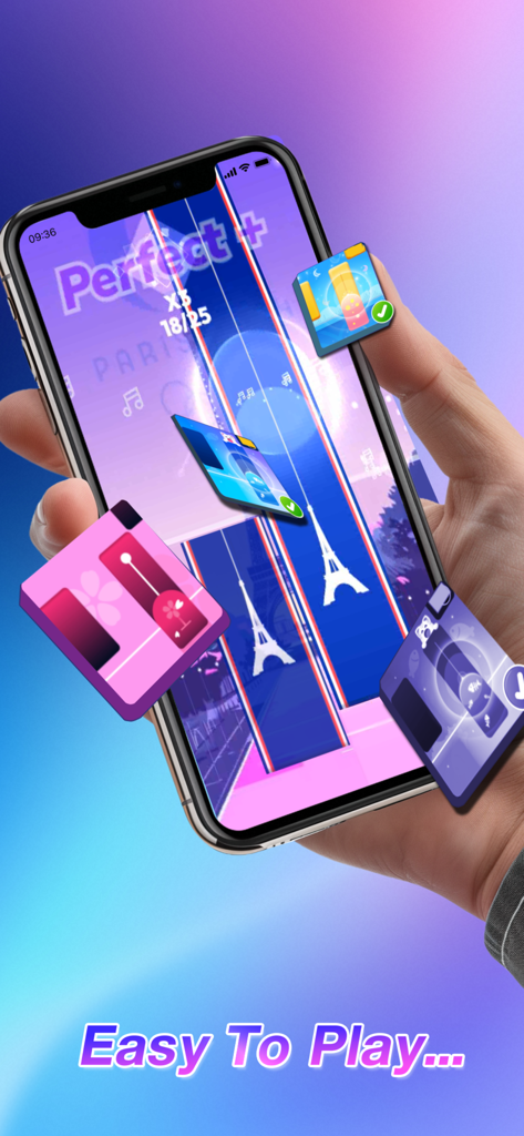 Hand holding a smartphone playing Rhythm Rush 2 with neon music tiles and a Parisian background