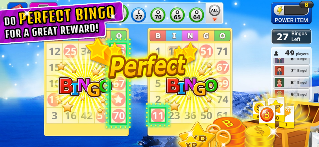 Bingo Craze! - Gameplay screen of Bingo Craze showing a perfect bingo win and treasure rewards