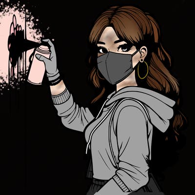 realistic girl with mask spray painting a wall
