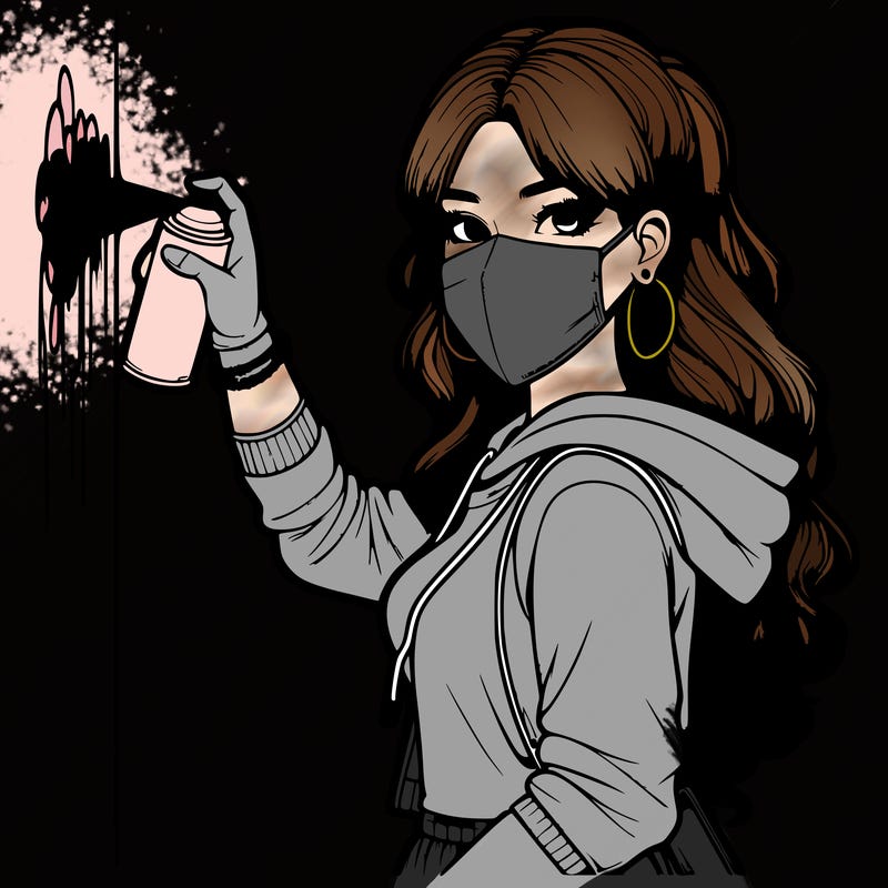 realistic girl with mask spray painting a wall