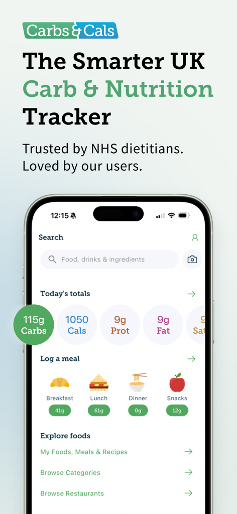 Carbs & Cals: Diet & Diabetes - The Carbs and Cals app dashboard showing daily totals for carbs and calories with meal logging options