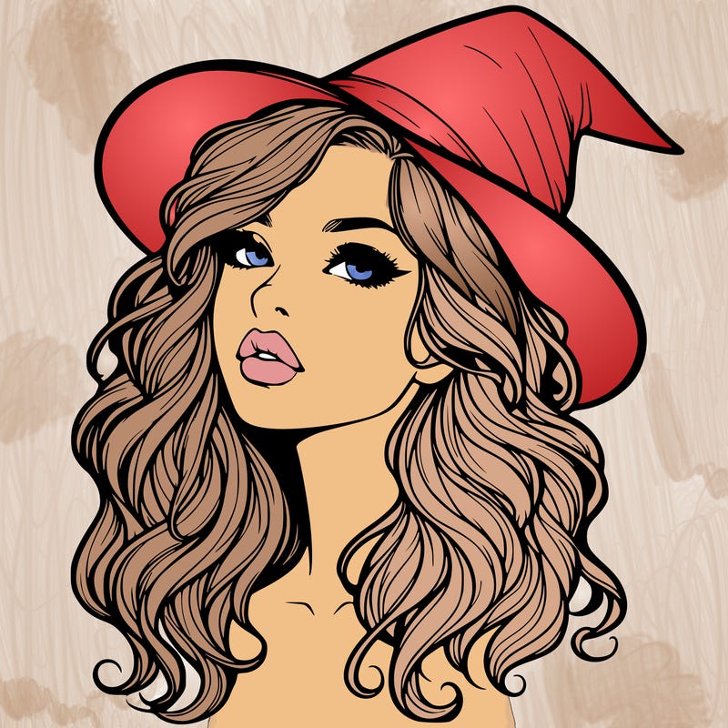 realistic witch girl with wavy hair and lips