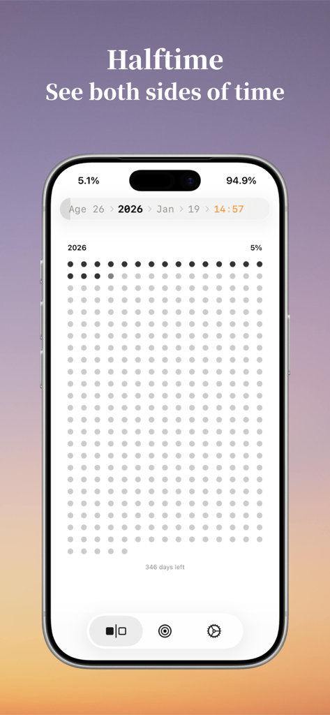 Halftime - Visual Time Tracker - Halftime 앱 인터페이스가 남은 연간 시간을 추적하기 위한 시각적 점 그리드를 표시합니다.