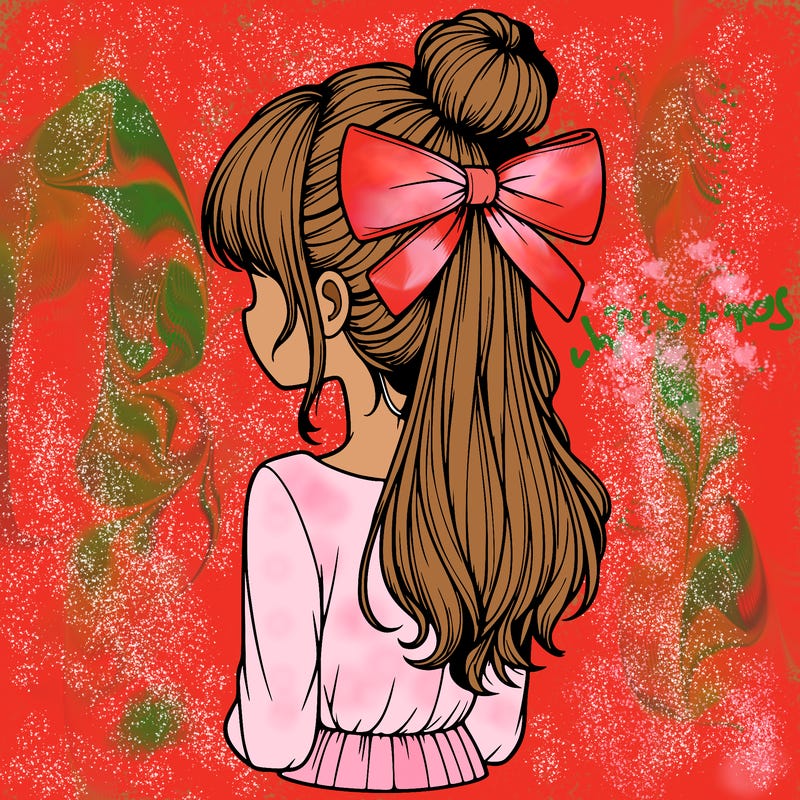 realistic girl  with hip length hair a bun and a big bow on the back of head