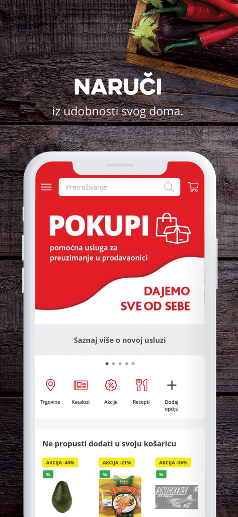 KONZUM - Interfaz de la aplicación móvil Konzum que muestra servicios de recogida de comestibles y ofertas especiales