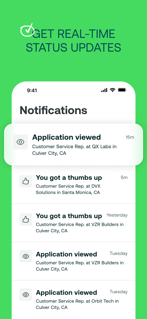 A mobile screen from the ZipRecruiter app showing real-time notifications for job application views and status updates