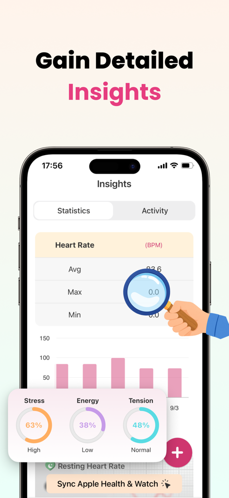Heart rate statistics and health insights dashboard in the Blood Pressure-Monitor Tracker app
