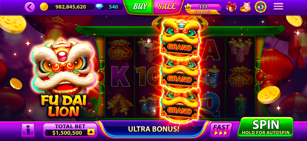 Full House Casino: 777 Slots - A screenshot of the Fu Dai Lion themed slot machine in Full House Casino featuring an Ultra Bonus with Chinese lion dance graphics
