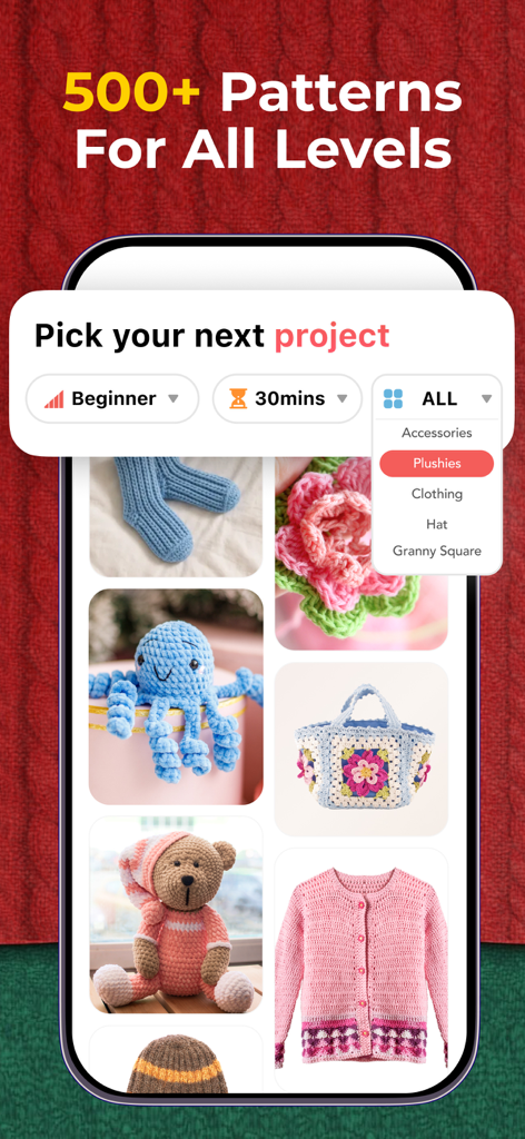 YarnPal app screen displaying a gallery of various crochet and knitting patterns for different skill levels