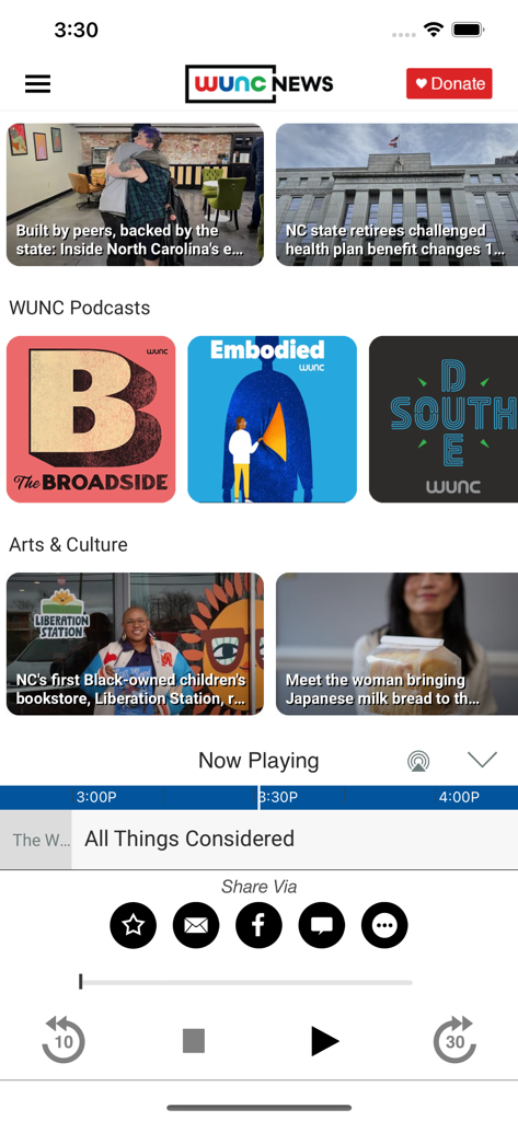 WUNC - The WUNC mobile app home screen featuring news headlines, podcast thumbnails, and live audio player controls.