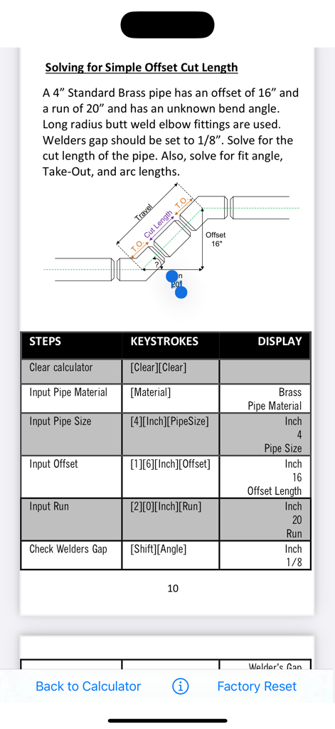Pipe Calc Elite - Diagrama técnico e instrucciones paso a paso para resolver la longitud de corte de desajuste de tubería en la aplicación Pipe Calc Elite