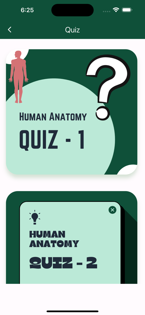 Human Anatomy And Body Parts - Quiz selection screen in the Anatomy Explorer app featuring level one and two with human body and lightbulb icons
