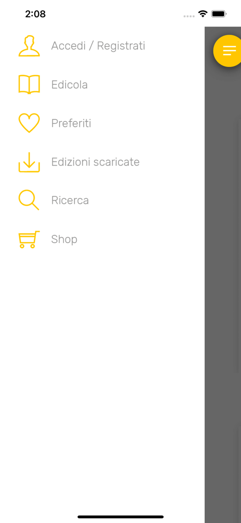 Menu di navigazione dell'app Triathlete Edicola Digitale con preferiti dell'edicola e opzioni di ricerca