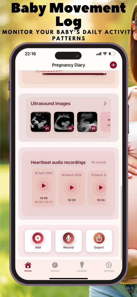 My Baby - Pregnancy Diary - Pantalla móvil de Mi Bebé - Diario de Embarazo que muestra imágenes de ecografía almacenadas y grabaciones de audio de latidos del bebé.