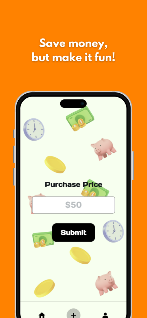 SaveMate app interface showing a purchase price entry field with fun financial icons
