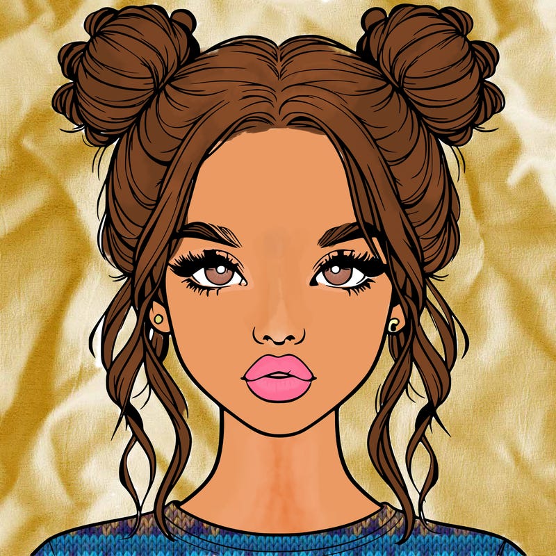 realistic girl with two buns in hair and lips