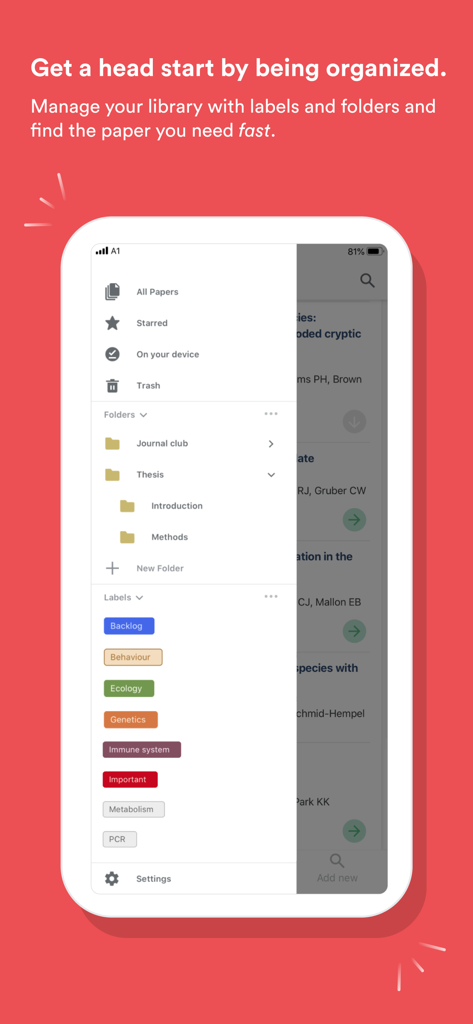Paperpile - Aplicación Paperpile que muestra la organización de la biblioteca de investigación con carpetas personalizadas y etiquetas de colores