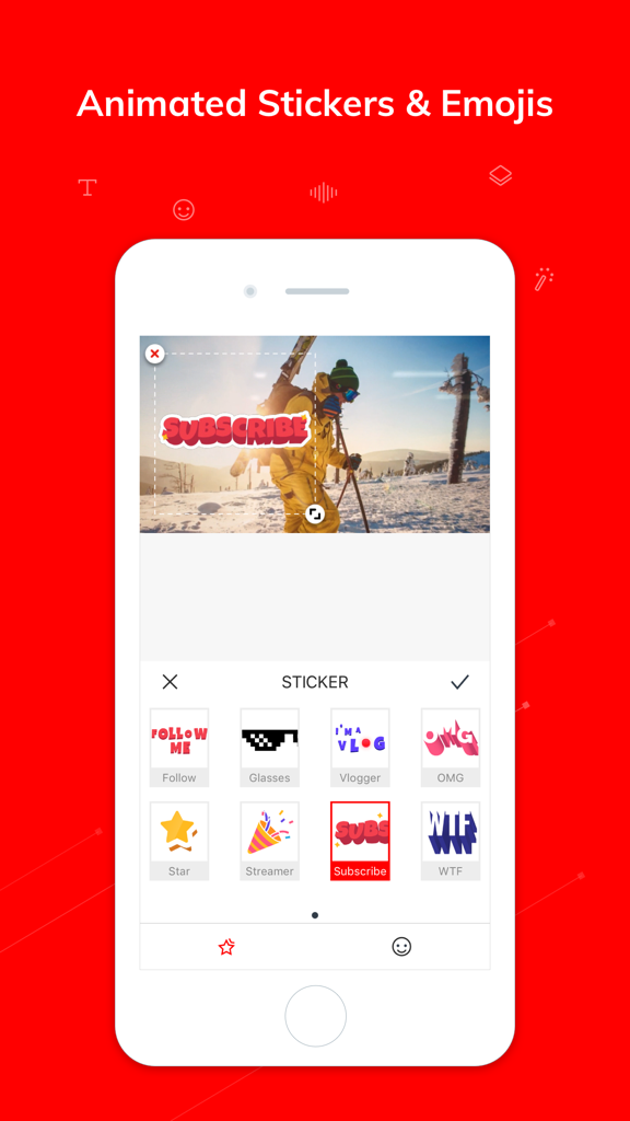 Vlogit - Video Editor - Interface do aplicativo Vlogit mostrando uma variedade de figurinhas animadas e emojis para edição de vídeo