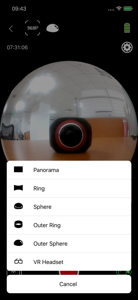 Ez iCam - Ez iCam app menu showing 360 degree viewing modes like Panorama Sphere and VR Headset