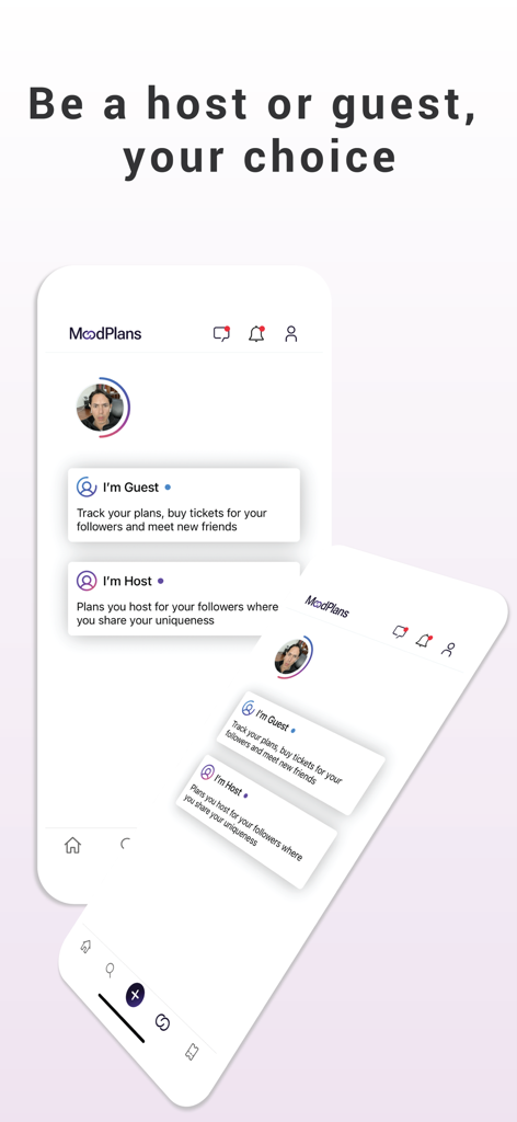MoodPlans - Interface do aplicativo móvel MoodPlans mostrando opções para participar como anfitrião ou convidado.