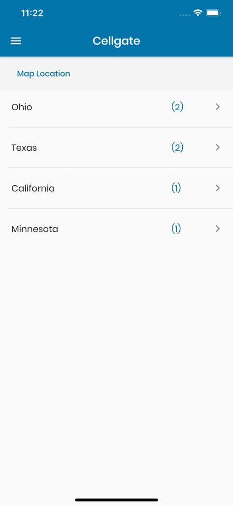 List of gate locations organized by state in the CellGate Mobile Connect app
