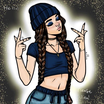 realistic teenage girl with braids and a beanie and crop top doing 🫶🏼