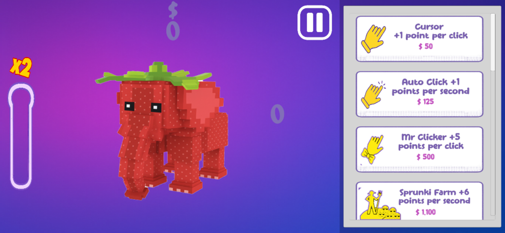 ストロベリーエレファント・ブレインゾットのゲームプレイ画面。ボクセル風のストロベリーエレファントとアップグレードリストが表示されている。