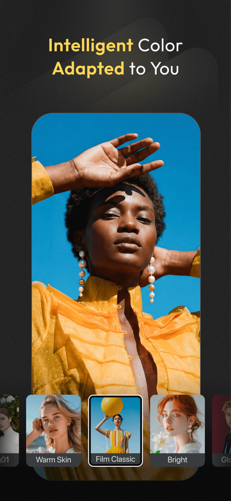 Interface of Evoto-AI app showing intelligent color adaptation and professional film presets on a fashion portrait.