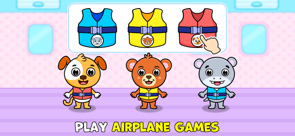 Carini personaggi animali che indossano giubbotti di salvataggio in un gioco educativo sulla sicurezza aerea per bambini piccoli
