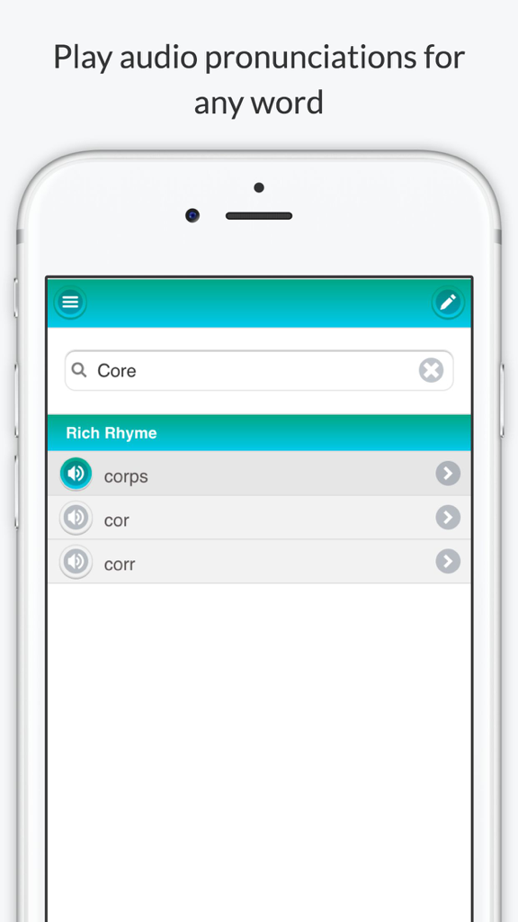 Rhyme Dictionary by Rhyme Time - Rhyme Dictionary app interface with audio pronunciation for rhyming words