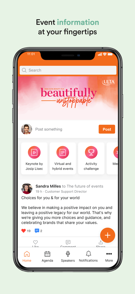 Ulta Beauty FLC - The home screen of the Ulta Beauty FLC app featuring event information a social feed and navigation icons for agenda and speakers