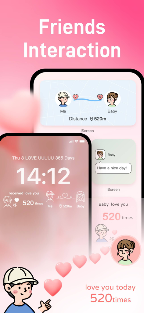Niedliche pinke ästhetische Widgets für Freunde und Paare, die Entfernung und Nachrichten anzeigen